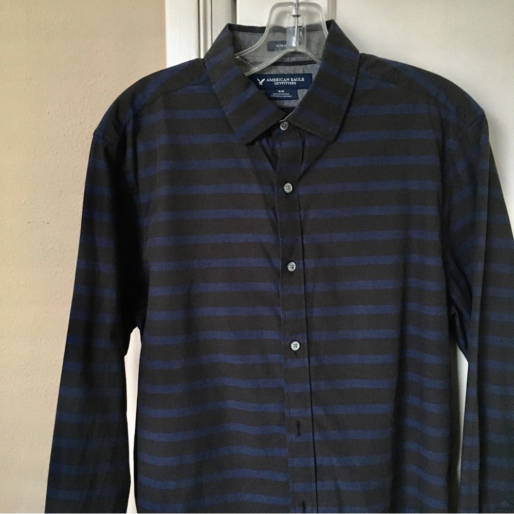 100% Cotton AE Brown Bluegray Striped Dressy Casual Long Sleeve Shirt Slim Fit